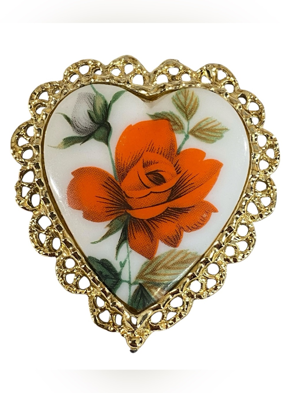 Heart Shaped Porcelain Brooch Gold Filigree Edges Vintage Victorian Romantic